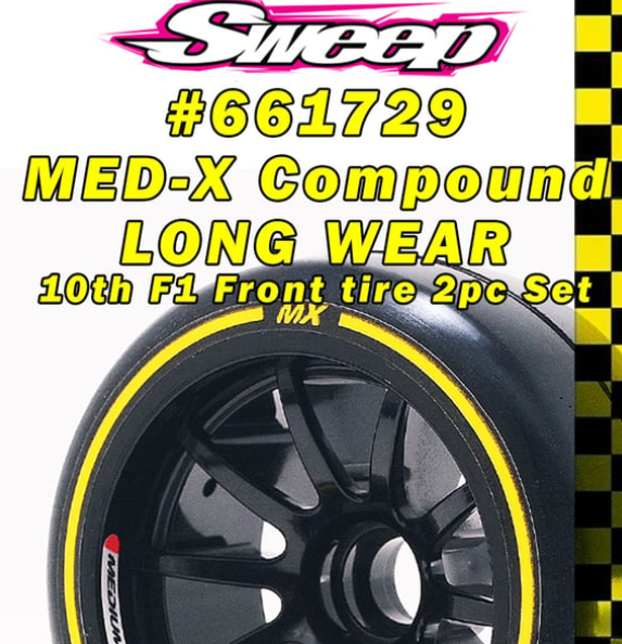 SWEEP RACING 661729 F1 Front X-Medium compound Long wear V6 Black dot Low Profile 2pcs pre-glued tires set