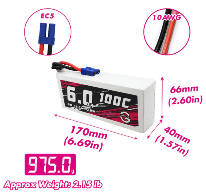 CNHL G+Plus 6000mAh 22.2V 6S 100C Lipo Battery with EC5 Plug