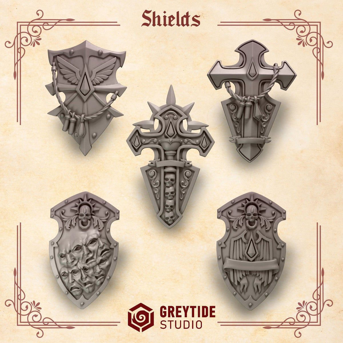 3d Printed Crimson Lords Shields x5 by Greytide Studio
