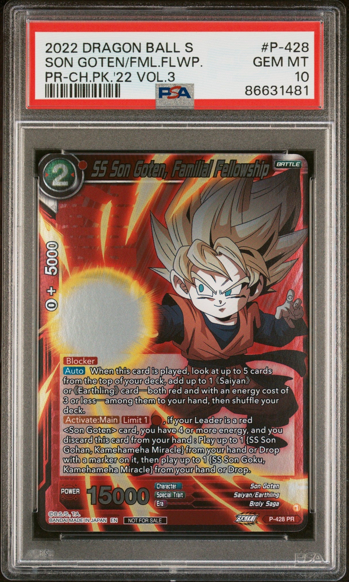 2022 DRAGON BALL SUPER SON GOTEN/FML.FLWP. #P-428 - PSA 10