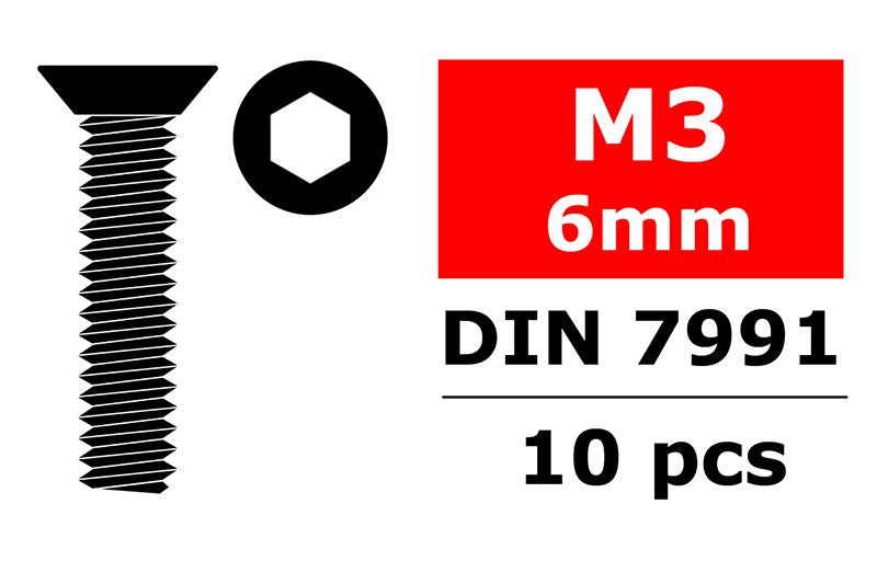 Team Corally 3002-30-06 Vis en acier M3 x 6 mm, tête plate hexagonale, 10 pièces