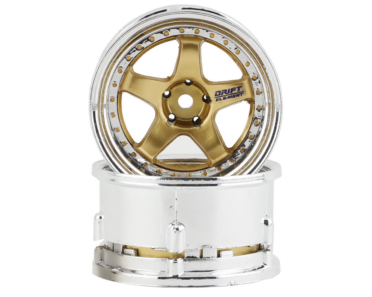 DS RACING DSC-DE-018 Drift Element 5 Spoke Drift Wheels (Gold & Chrome w/Gold Rivets) (2) (Adjustable Offset) w/12mm Hex