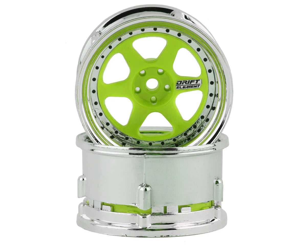 DS RACING DSC-DE-226 Drift Element 6 Spoke Drift Wheel (Green Face/Chrome Lip/Black Rivets) (Adjustable Offset) w/12mm Hex