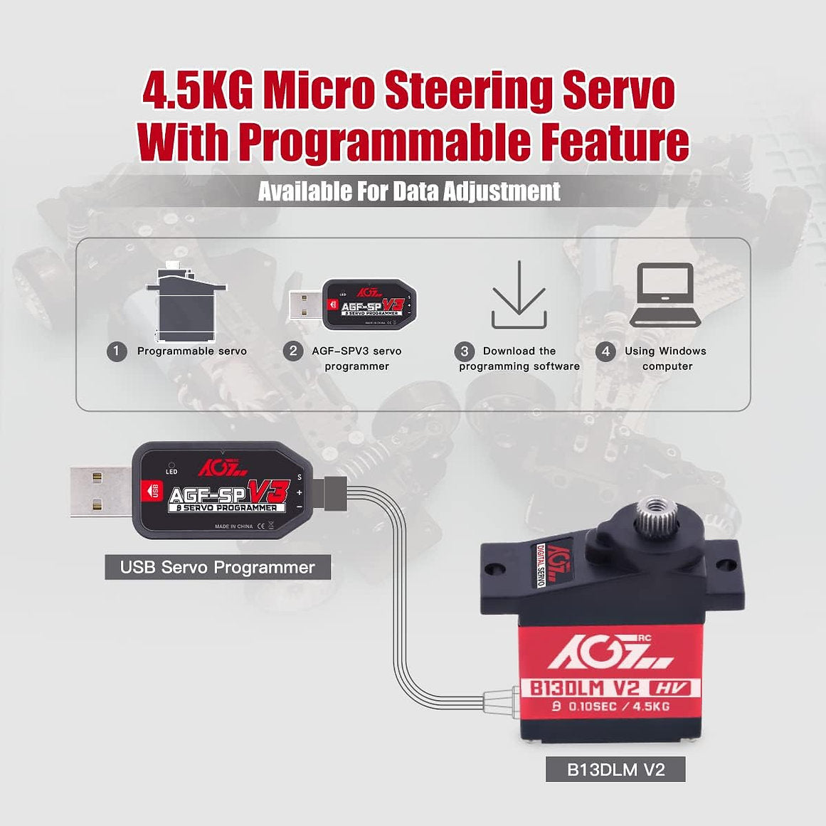 AGFRC B13DLM Sub-Micro Servo Caja de metal Engranaje de titanio 4,5 kg HV Mini Servo TRX4M