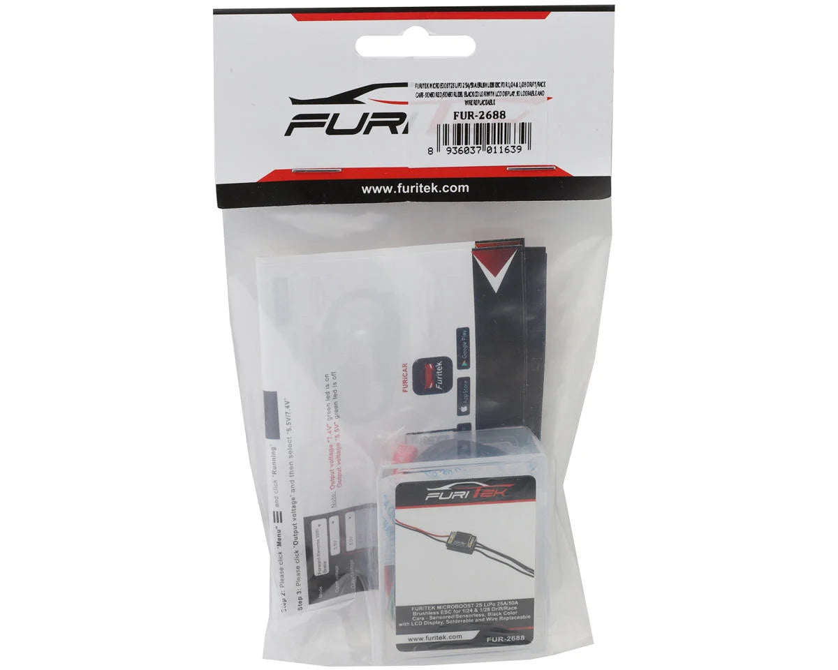 FURITEK FUR-2688 MICROBOOST 2S LiPo 25A/50A Brushless ESC for 1/24 & 1/28 Drift/Race Cars - Sensored/Sensorless, Black Color with LCD Display, Solderable and Wire Replaceable