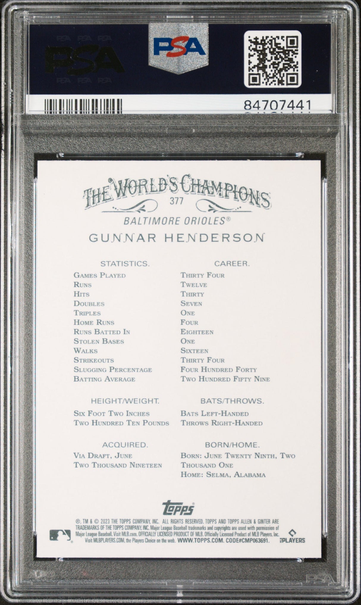 2023 TOPPS ALLEN & GINTER GUNNAR HENDERSON  #377 - PSA 10