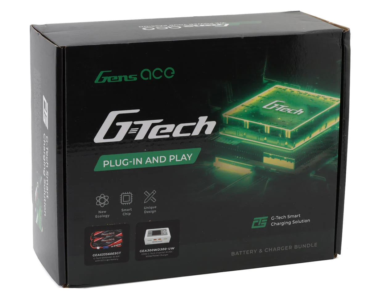 Gens Ace GEAD300533S60GT G-Tech Smart 3S Bundle w/Two 3S 60C EC5 LiPo Batteries (5300mAh) & IMars D300 Charger