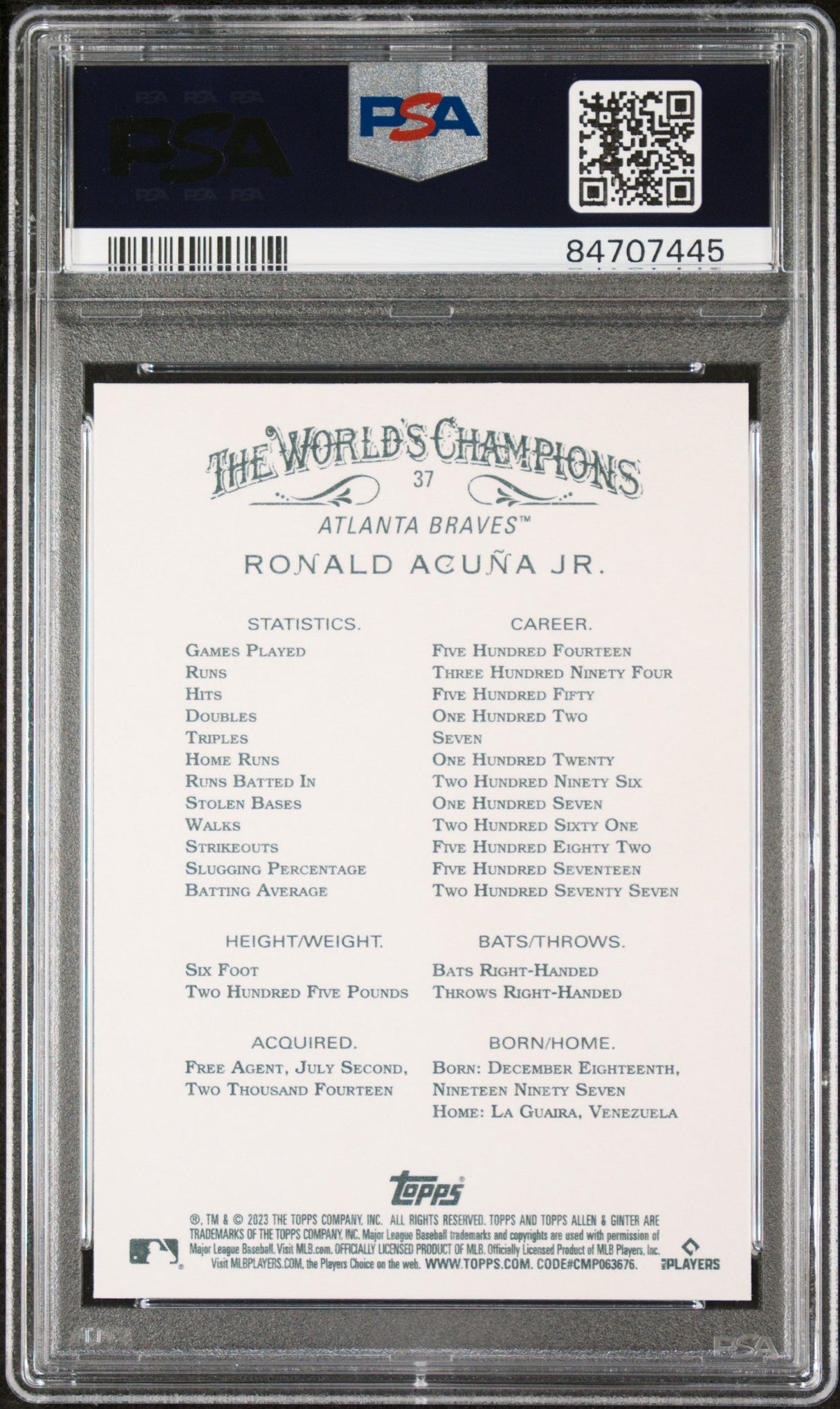 2023 TOPPS ALLEN & GINTER RONALD ACUNA JR.  #37 - PSA 10