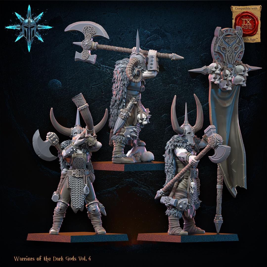3D Printed Heavy Weapon Chaos Barbarian Command Group by Lost Kingdom Miniatures