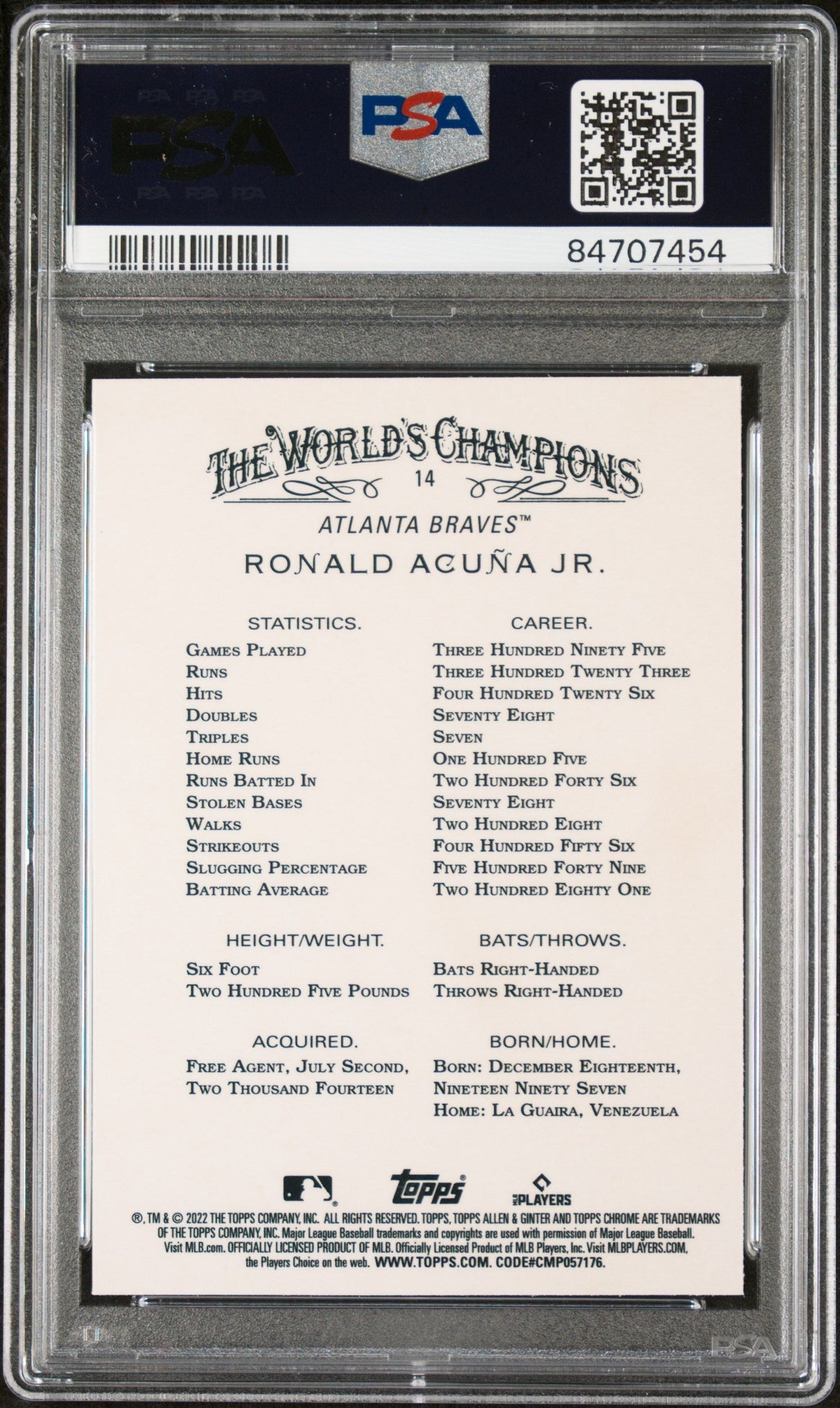 2022 TOPPS ALLEN & GINTER CHROME RONALD ACUNA JR.  #14 - PSA 10