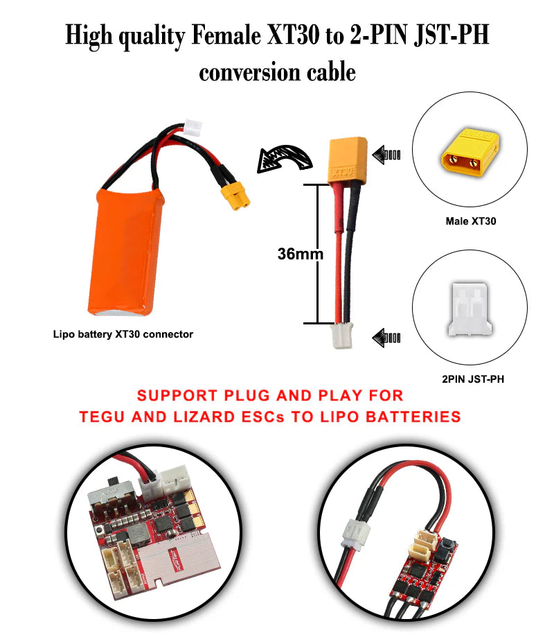 Furitek JST-PH 2 Pin to XT30 Battery Adapter Cable FUR-2041