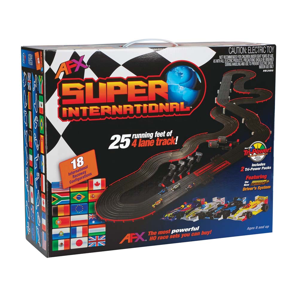 New AFX MegaG+ Super International Ho Slot Car Race Set Tri Power 21018 4 Lane