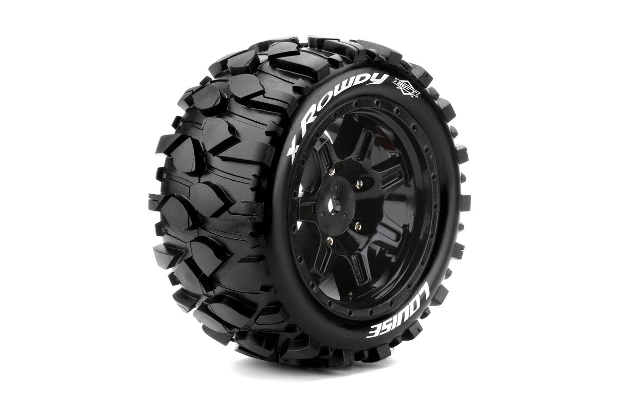 LOUISE T-3351BM  MFT X-Rowdy Sport Monster Truck Tires, 24mm Hex, Mounted on Black Rim (2)