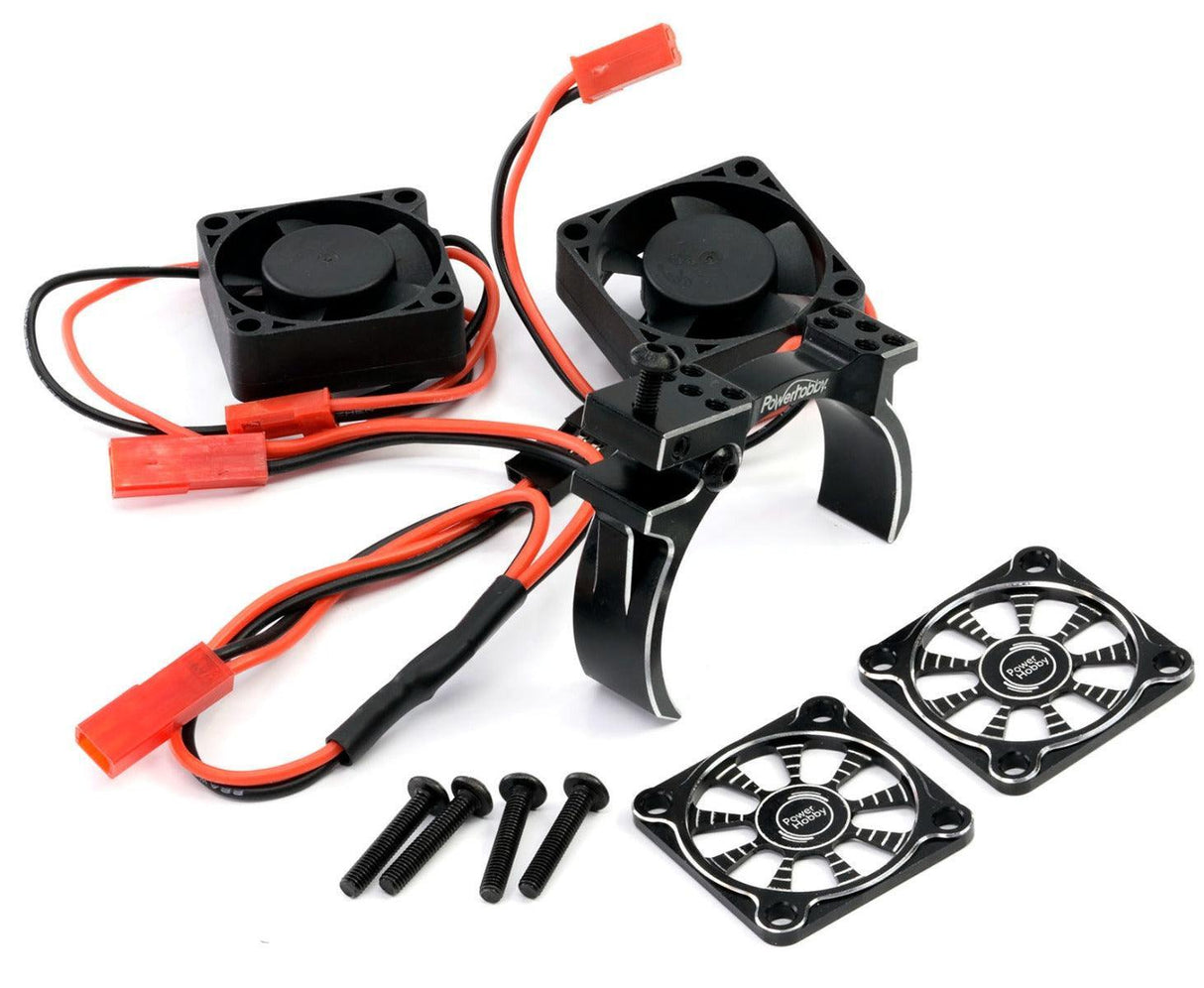 Powerhobby 1/10 Aluminum Heatsink High Speed 30mm Twin Turbo Cooling Fans 28K Black
