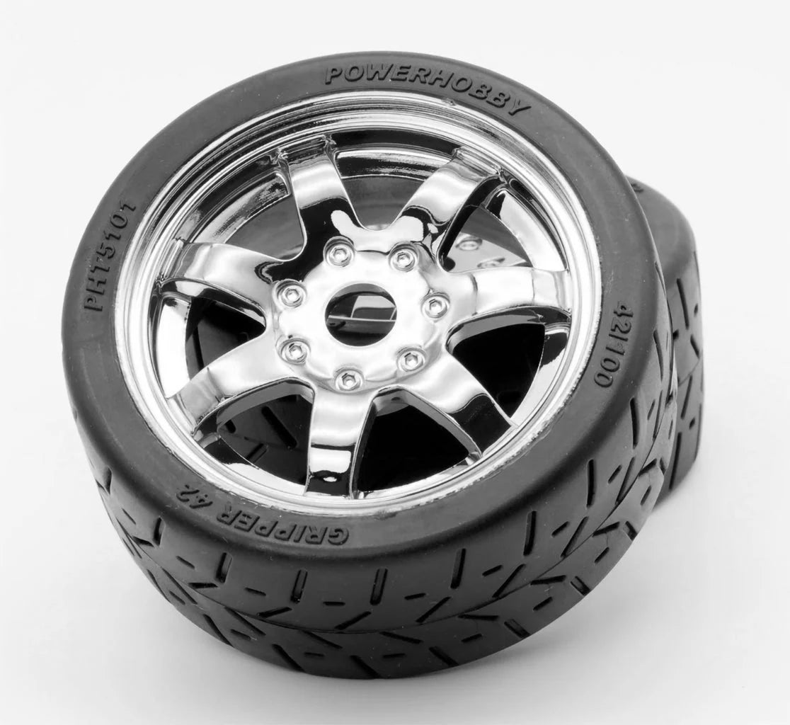 Powerhobby PHT5101-CHROME 1/8 Gripper 42/100 Belted Mounted Tires 17mm CHROME Wheels