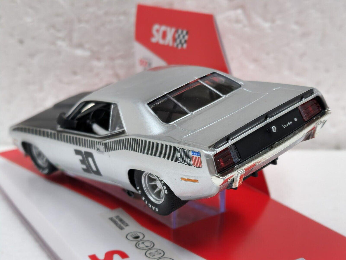 SCX AAR Plymouth Cuda Trans Am Silver for Scalextric Slot Car 1/32