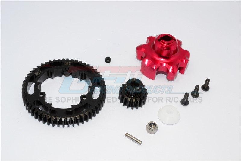 GPM ALUMINUM ADAPTER STEEL SPUR GEAR 53T MOTOR GEAR 17T TRAXXAS X-MAXX RED