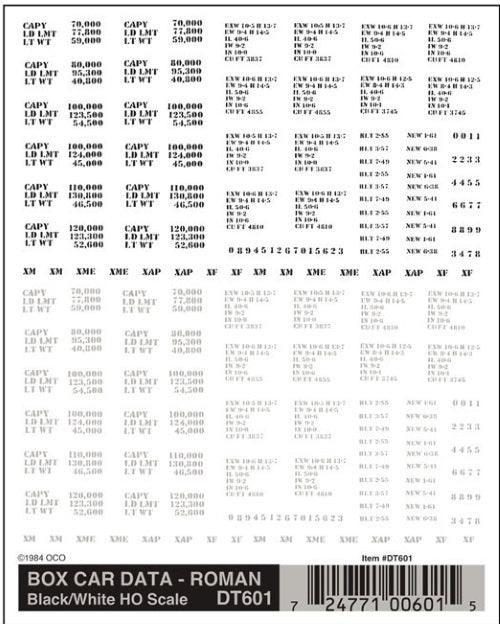 Woodland Scenics DT601 HO Box Car Data Roman Black/White Decal (1 Sheet)