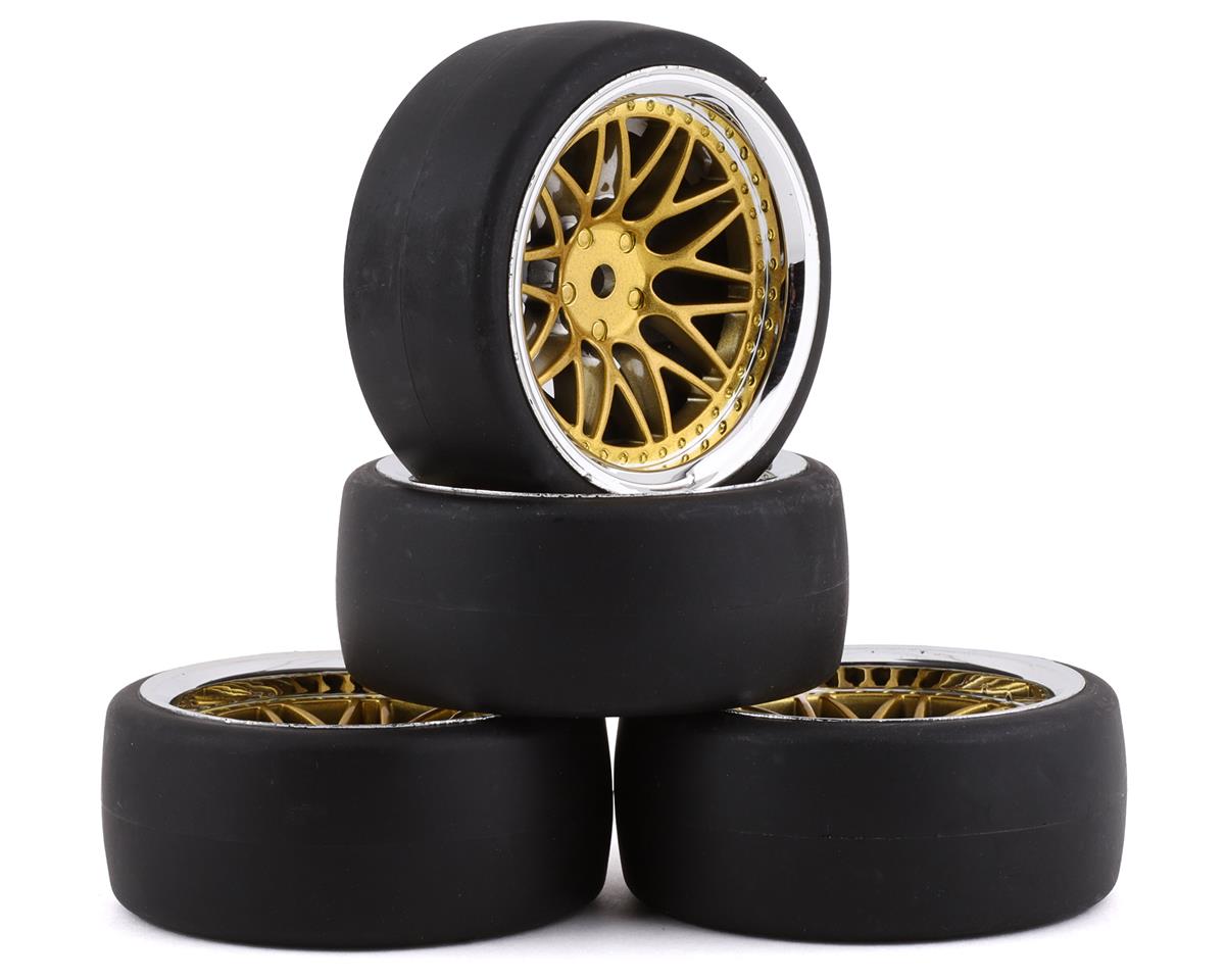 Yeah Racing YEA-WL-0099 Spec D Pre-Mounted Drift Tires w/LS Mesh Wheels (Chrome/Gold) (4) w/12mm Hex & 6mm Offset