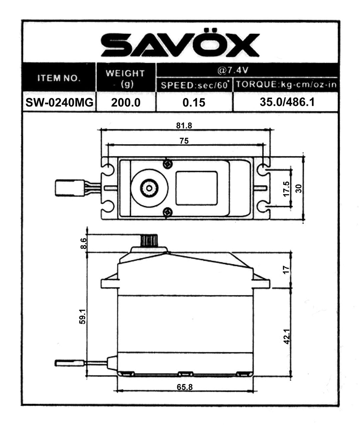 Savox SW-0240MG "Super Speed" Waterproof Digital 1/5 Scale Servo (High Voltage)