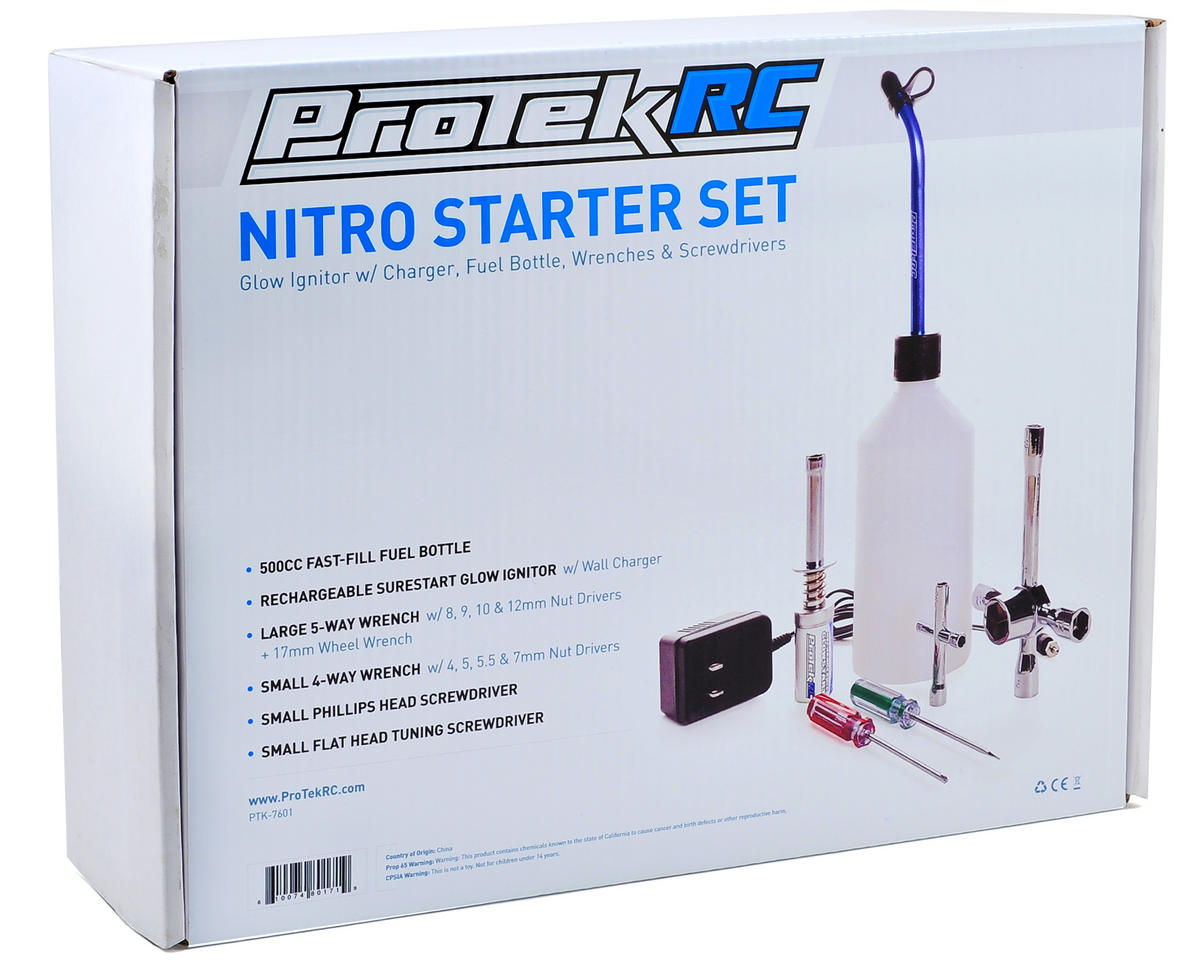 ProTek PTK-7601 RC Nitro Starter Set con encendedor incandescente, botella de combustible y llaves