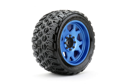Neumáticos JETKO JKO5802CLMSGBB2 1/5 XMT EX-King Cobra montados en llanta de garra azul de metal