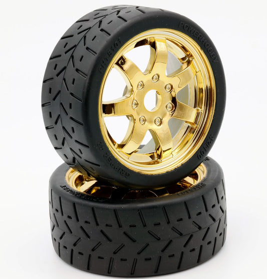 Powerhobby PHT5101-Gold 1/8 Gripper 42/100 Belted Mounted Tires 17mm Gold Wheels