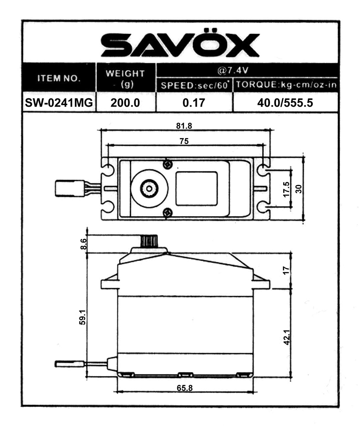 SAVOX SW-0241MG Servo numérique étanche à l'échelle 1/5ème 0,17 s / 555 oz à 7,4 V