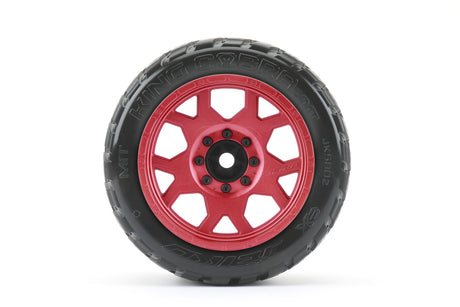 Neumáticos JETKO JKO5802CRMSGBB1 1/5 XMT EX-King Cobra montados en llantas de metal con garra roja