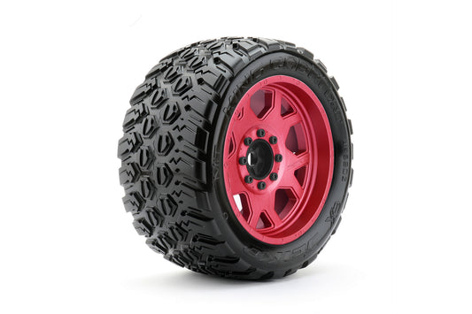 Neumáticos JETKO JKO5802CRMSGBB2 1/5 XMT EX-King Cobra montados en llantas de metal con garra roja