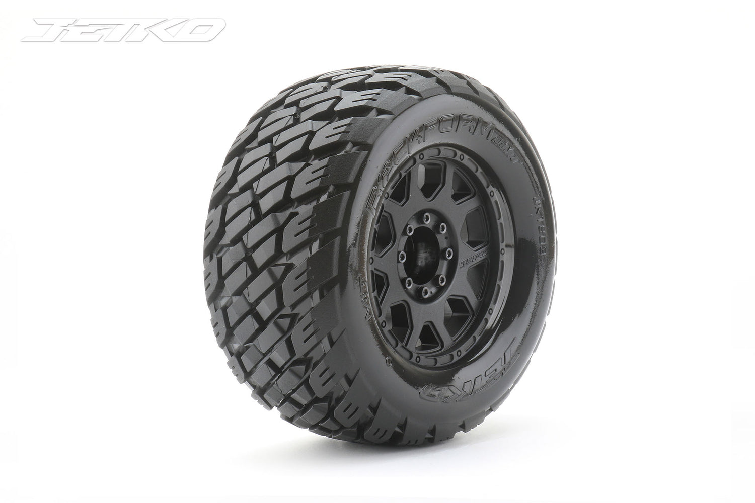 JKO1803CBMSGBB1 Neumáticos Rockform 1/8 MT 3.8 montados sobre llantas con garras negras, suave medio