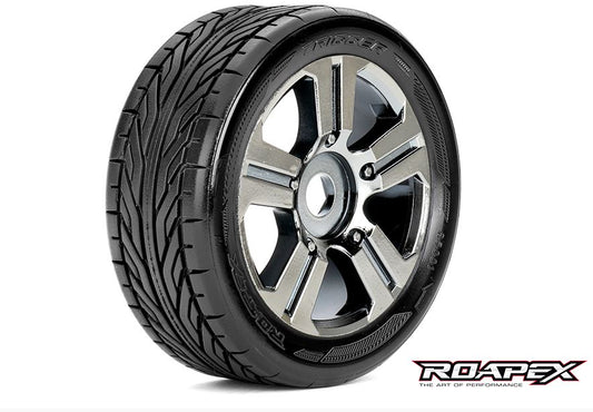 ROAPEX ROPR5001-CB Trigger 1/8 Neumáticos para buggy, montados sobre ruedas cromadas negras,