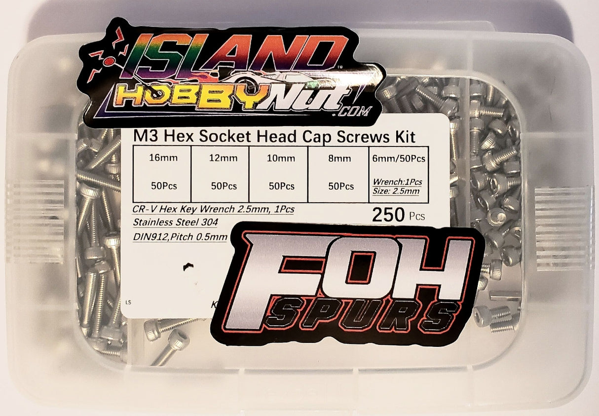 FOH 250 Pcs M3 x 6mm / 8mm / 10mm / 12mm / 16mm Stainless Steel Hex Socket Kit