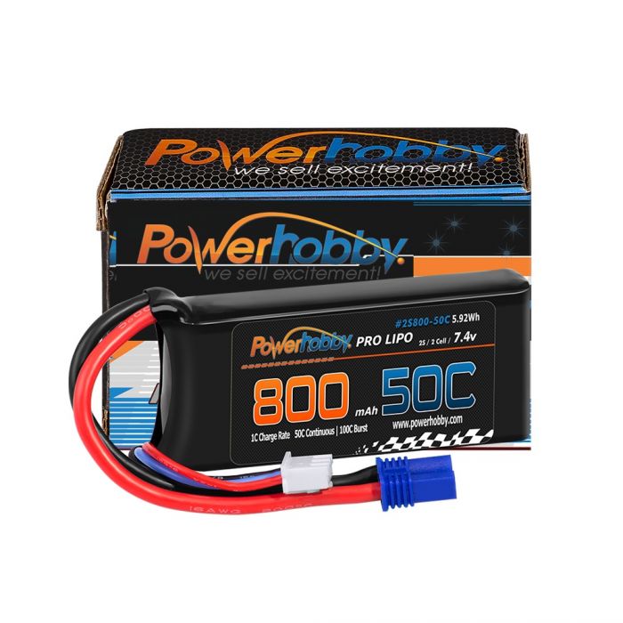 Batterie Lipo Powerhobby 2s 7.4v 800mah 50c avec prise ec2 Losi Mini-B / Mini-T 2.0
