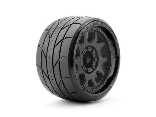 Neumáticos 1/8 SGT 3.8 Super Sonic montados sobre llantas con garras negras, medio blandos, con cinturón, 1