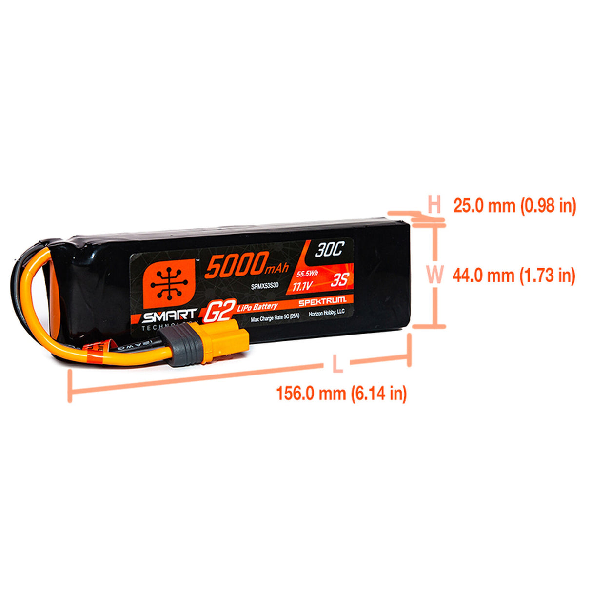Batterie LiPo Spektrum SPMX53S30 11,1 V 5 000 mAh 3S 30C Smart G2 : IC5