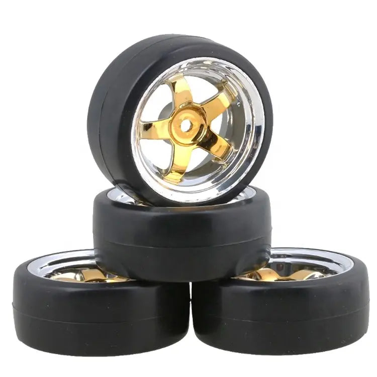 RUEDAS DE DERIVA IRONManRc 1/10 CON NEUMÁTICOS DUROS LLANTAS CROMADAS ORO DE 5 RADIOS