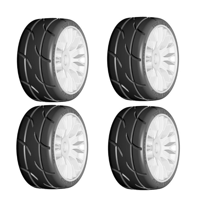 GRP GTH03-XM7 1/8 GT T03 REVO MediumHard Mounted Tires Wheels (4) WHITE