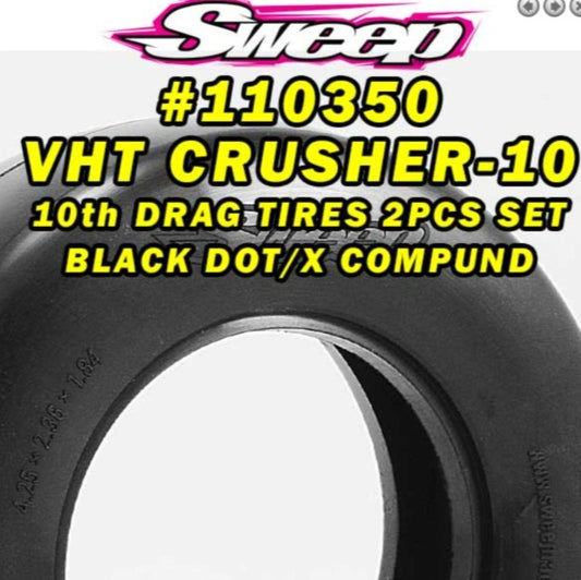 SWEEPS RACING 110350 1/10th Drag VHT Crusher-10 Neumático con cinturón Punto negro Juego de 2 piezas