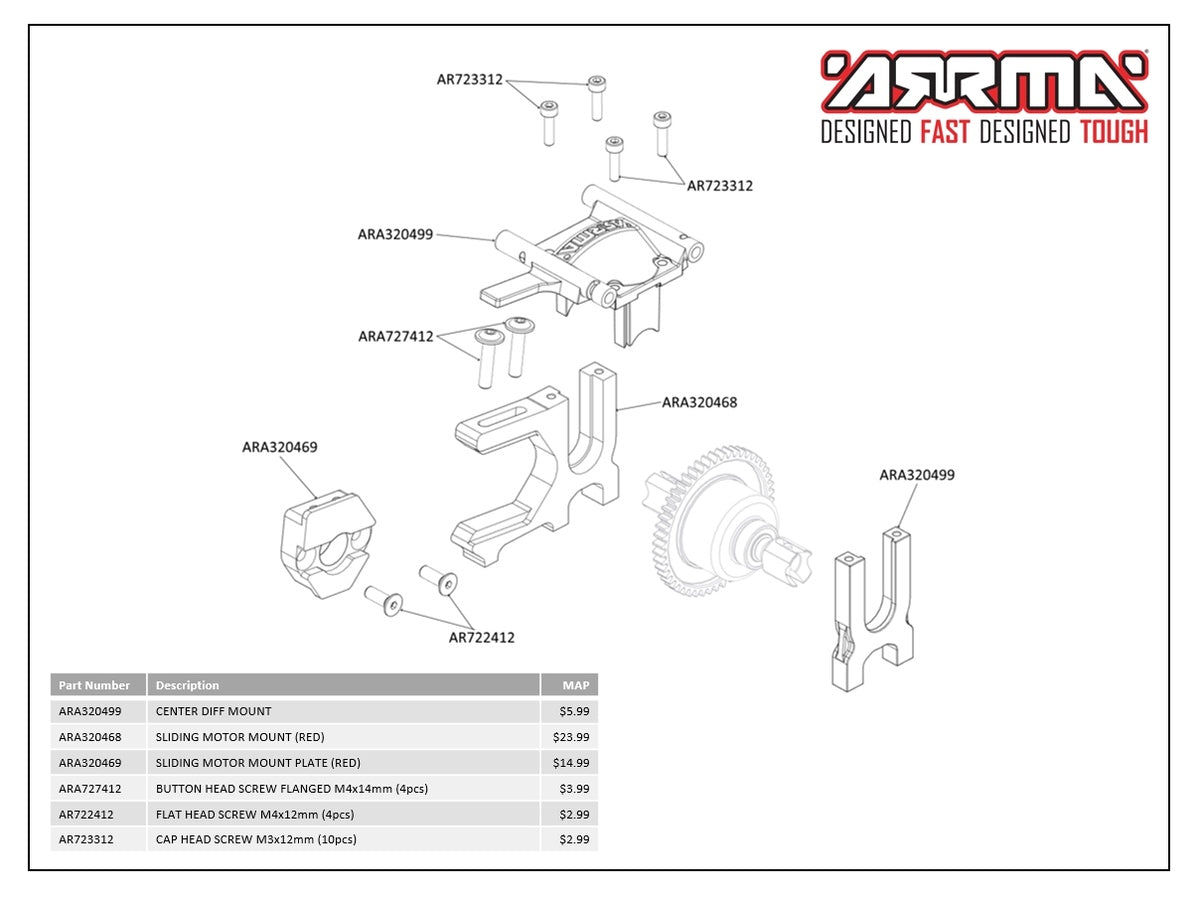 Arrma ARA320468 6S BLX Sliding Motor Mount (Red)