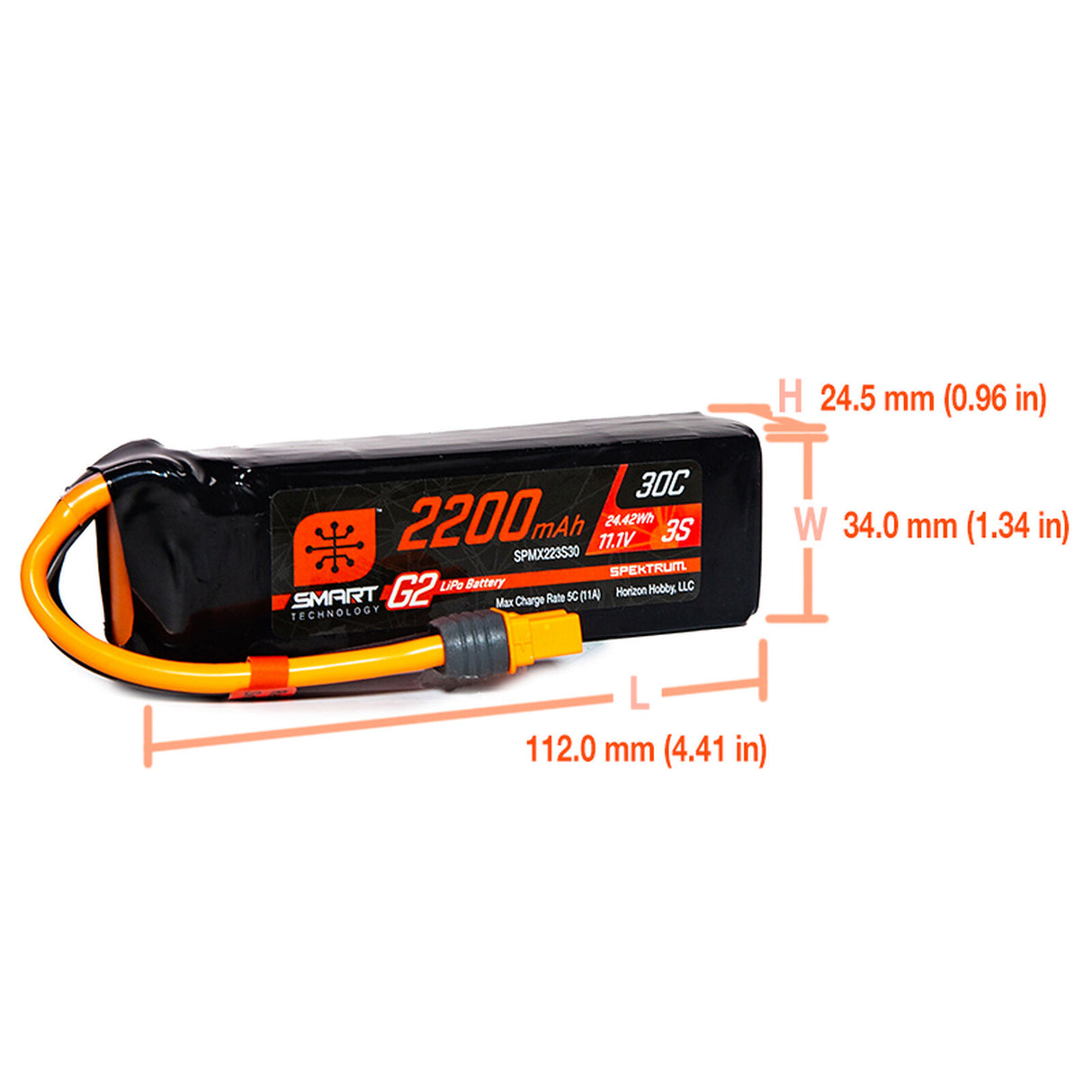 Batterie LiPo SPEKTRUM 11,1 V 2200 mAh 3S 30C Smart G2 : IC3 ISPMX223S30
