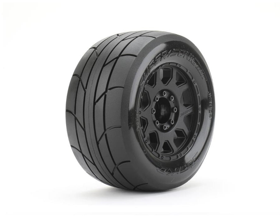 JETKO 1804CBMSGBB1 Neumáticos 1/8 MT 3.8 Super Sonic montados en llantas de garra negras, medio suaves, con cinturón, desplazamiento de 17 mm 0" (2)