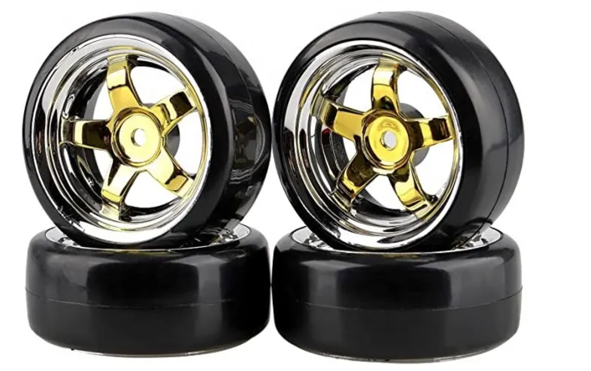 RUEDAS DE DERIVA IRONManRc 1/10 CON NEUMÁTICOS DUROS LLANTAS CROMADAS ORO DE 5 RADIOS